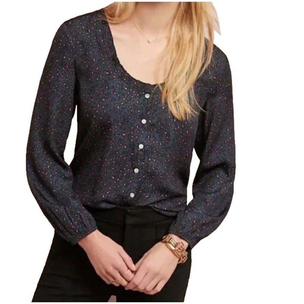 Anthropologie Dolan Marilyn Leopard Print Top Size S Long Sleeve Silky Women's